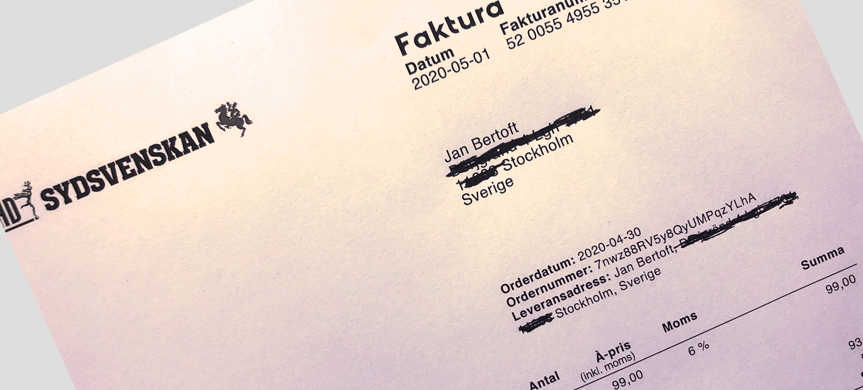 Min faktura från HD/Sydsvenskan. Foto: Jan Bertoft