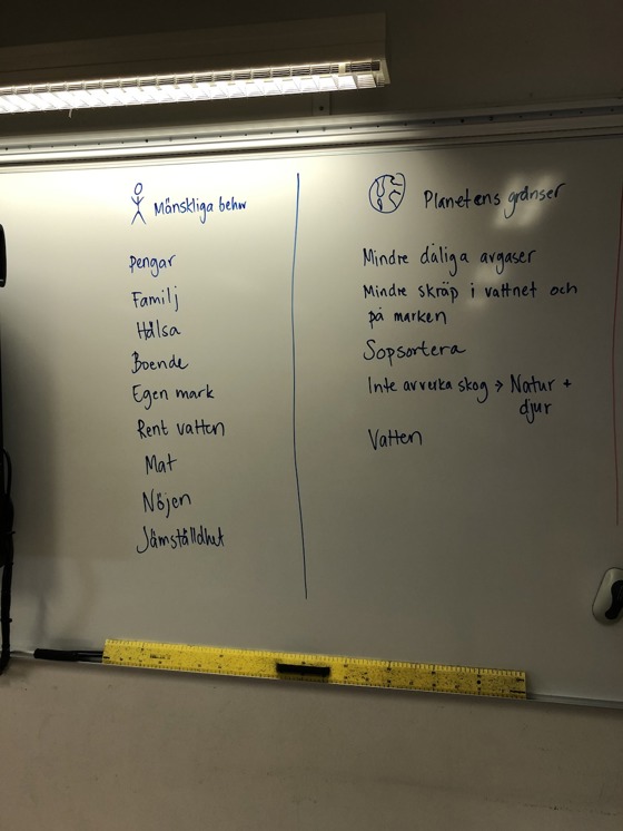Mänskliga behov och planetens gränser listas på tavlan.