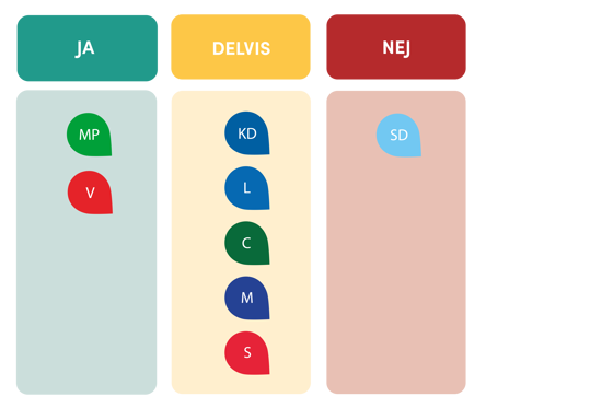 Miljöpartiet och Vänsterpartiet svarade JA. Kristdemokraterna, Liberalerna, Centerpartiet, Kristdemokraterna och Socialdemokraterna svarade DELVIS. Sverigedemokraterna svarade NEJ.